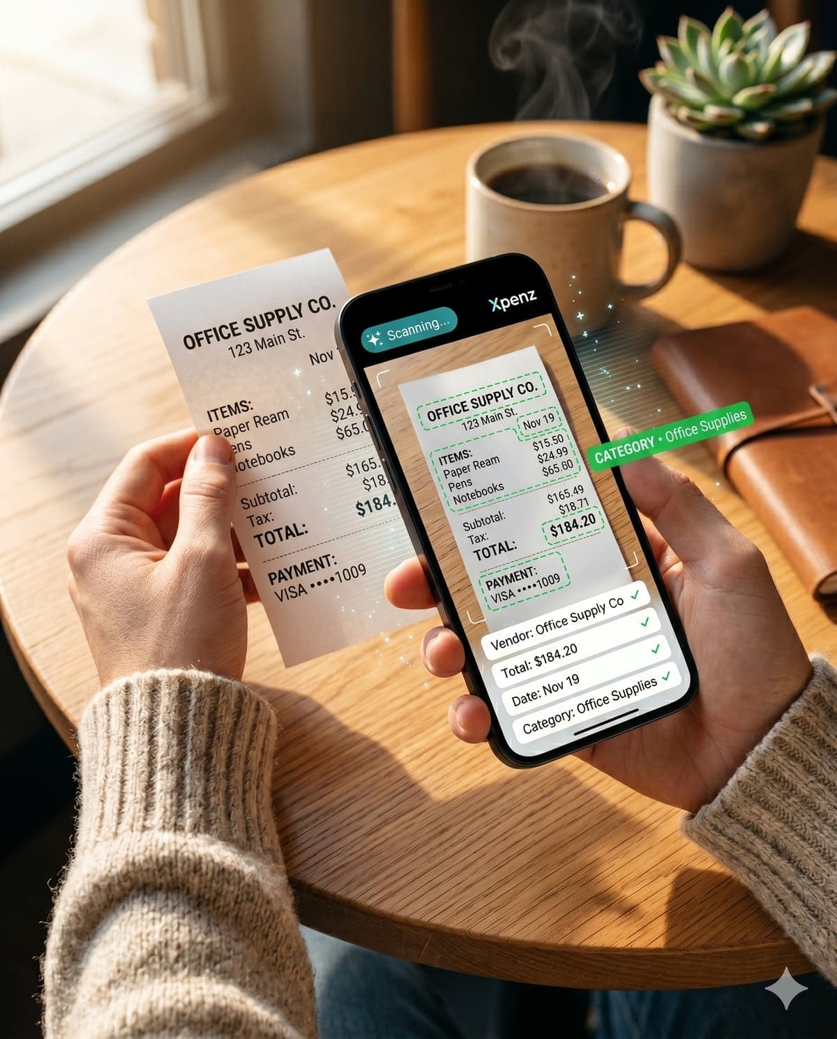 A self-employed professional snapping a receipt with Xpenz — AI extracting vendor, total, date, and card number automatically.